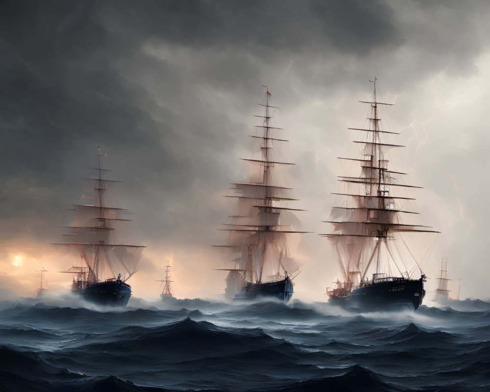 Tall ships sailing in stormy seas with lightning bolts