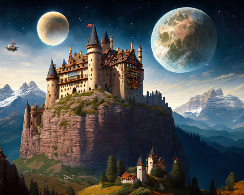 Fantastical castle on steep cliff with twin moons, blimp, and mountains