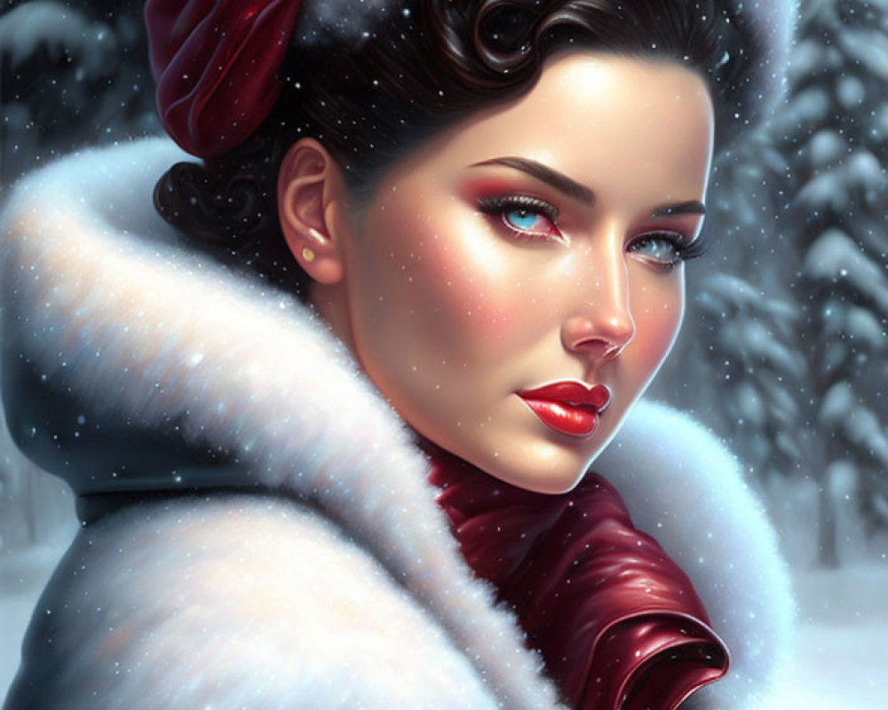 Digital portrait of woman with blue eyes and red lipstick in red hat and white fur collar, against snowy