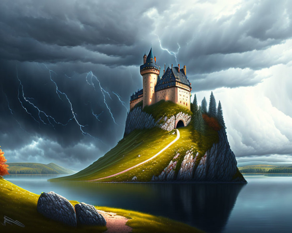 Castle on Hill by Lake under Dramatic Sky with Lightning