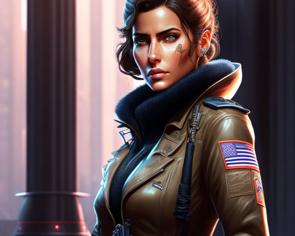 Digital artwork: Woman with dark hair in military jacket against urban backdrop