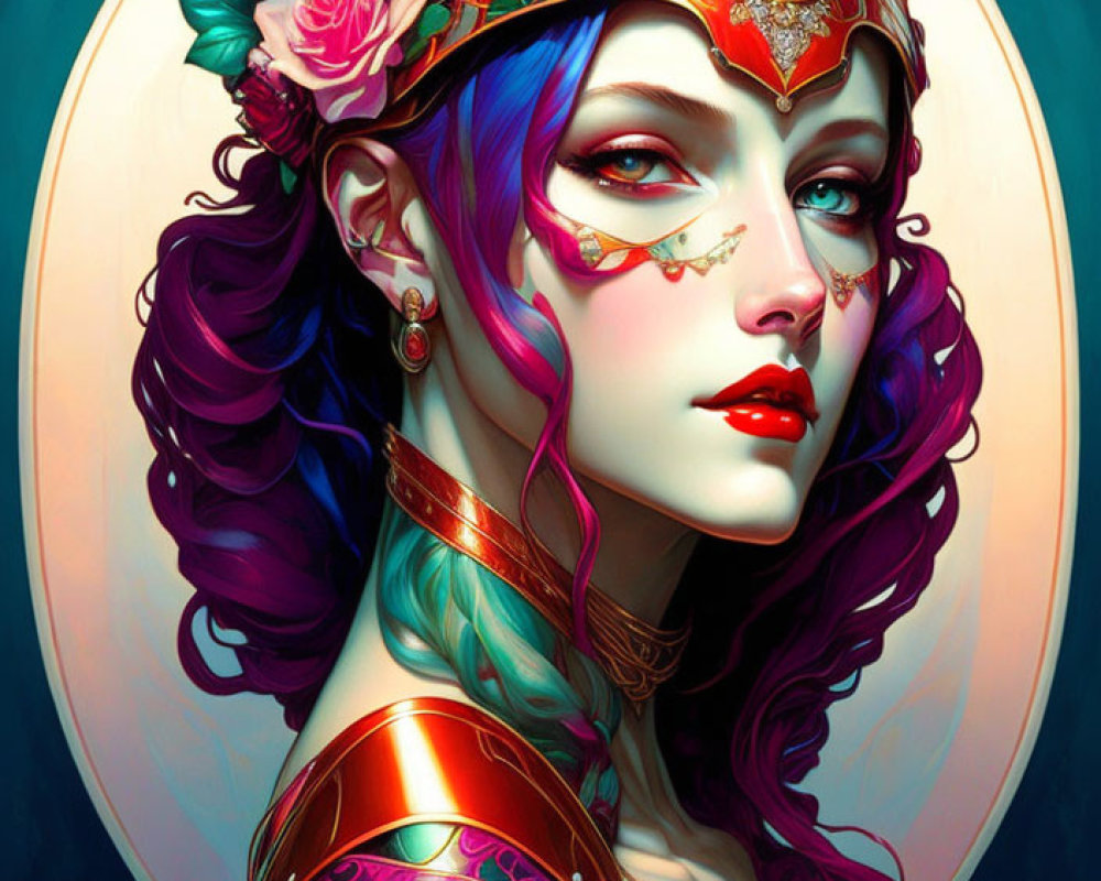 Fantasy female character with purple hair and gold jewelry on teal background