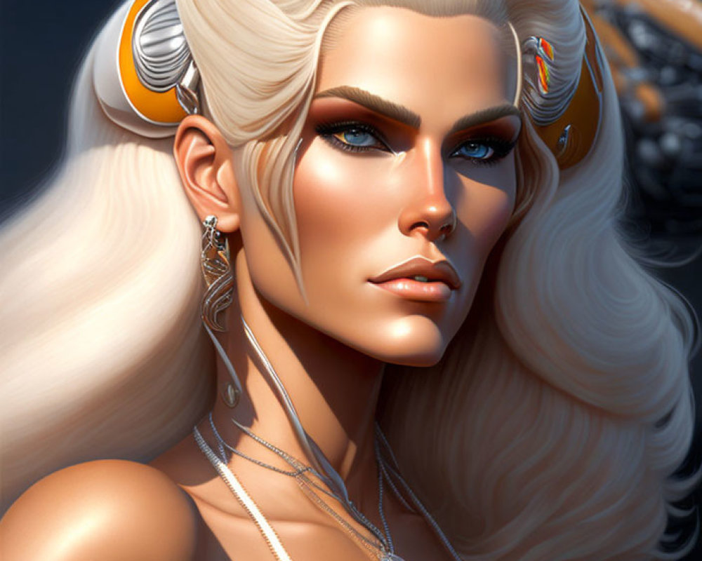 Blonde Woman with Blue Eyes and Horn Earrings on Dark Background