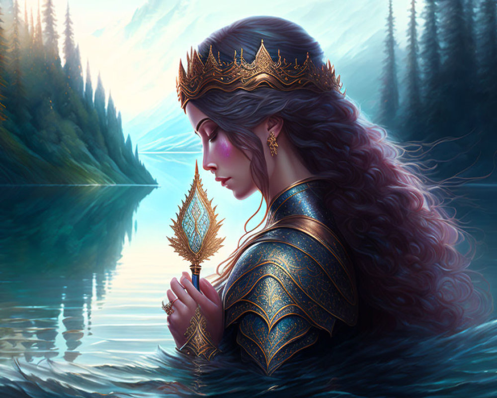 Regal woman in ornate armor with golden crown by forest lake at dusk