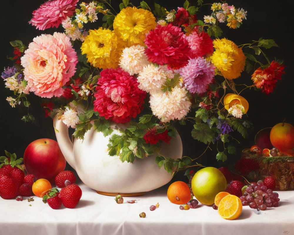 Colorful Still-Life Painting with White Vase and Fruit on Dark Background