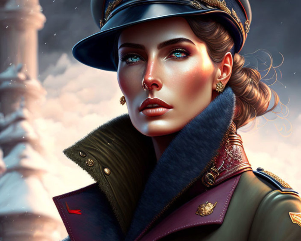 Woman with Blue Eyes in Military Uniform Amid Snowy Landscape