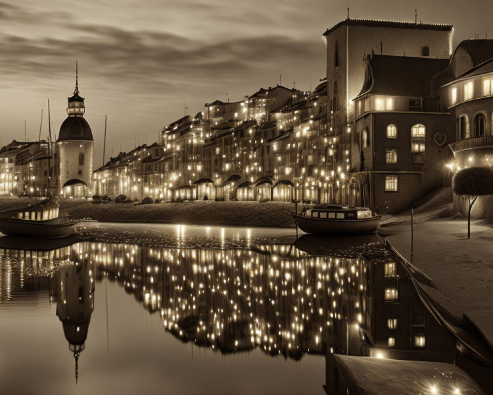 Serene waterway at twilight with traditional buildings, illuminated lights, and moored boats