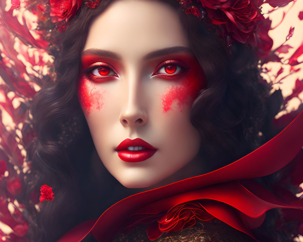 Woman with dramatic red makeup and floral headpiece on red backdrop