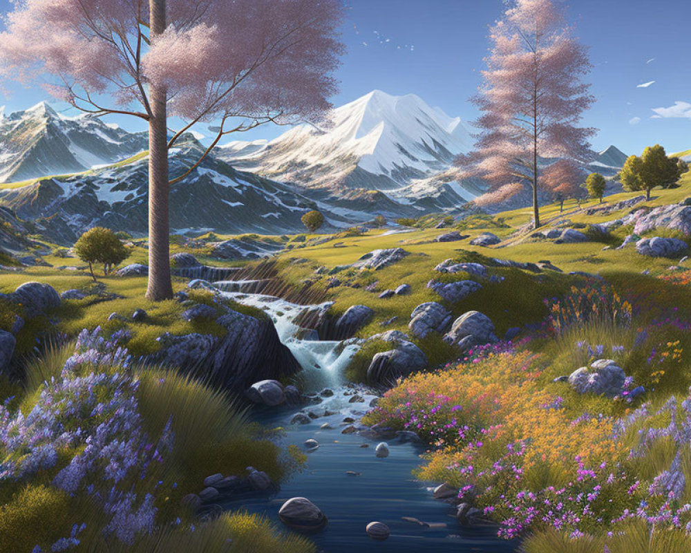 Colorful landscape with stream, wildflowers, trees, and mountains