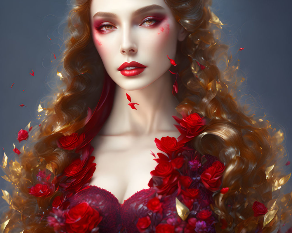 Digital Artwork: Woman with Curly Hair, Red Dress, Striking Makeup, Petals,