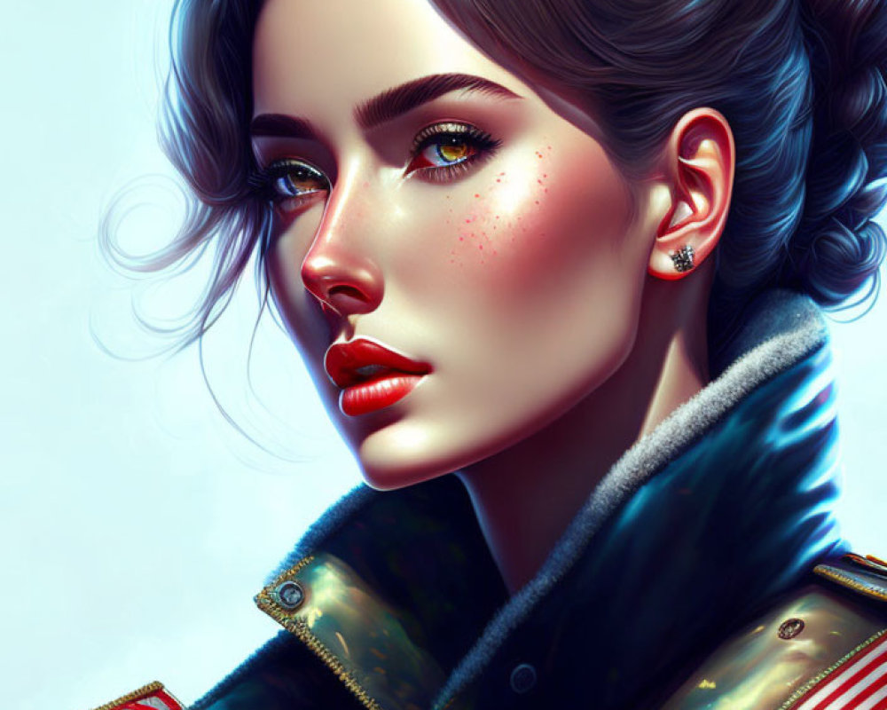 Woman with Dark Hair in Bun, Blue Eyes, Red Lipstick, Military Jacket & Rank Insign