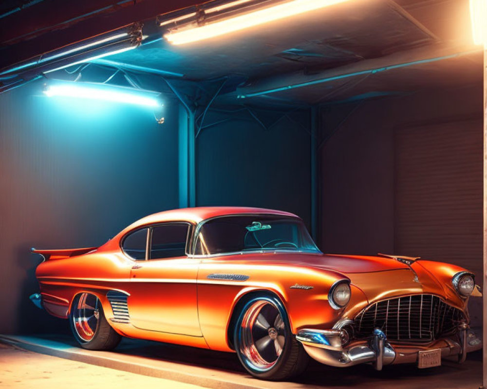 Vintage Orange Car with Tailfins in Garage with Neon Blue Lighting