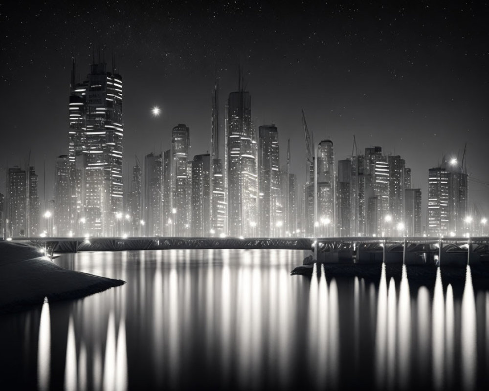 Nighttime monochrome cityscape with skyscrapers reflecting on water, lit by streetlights under star