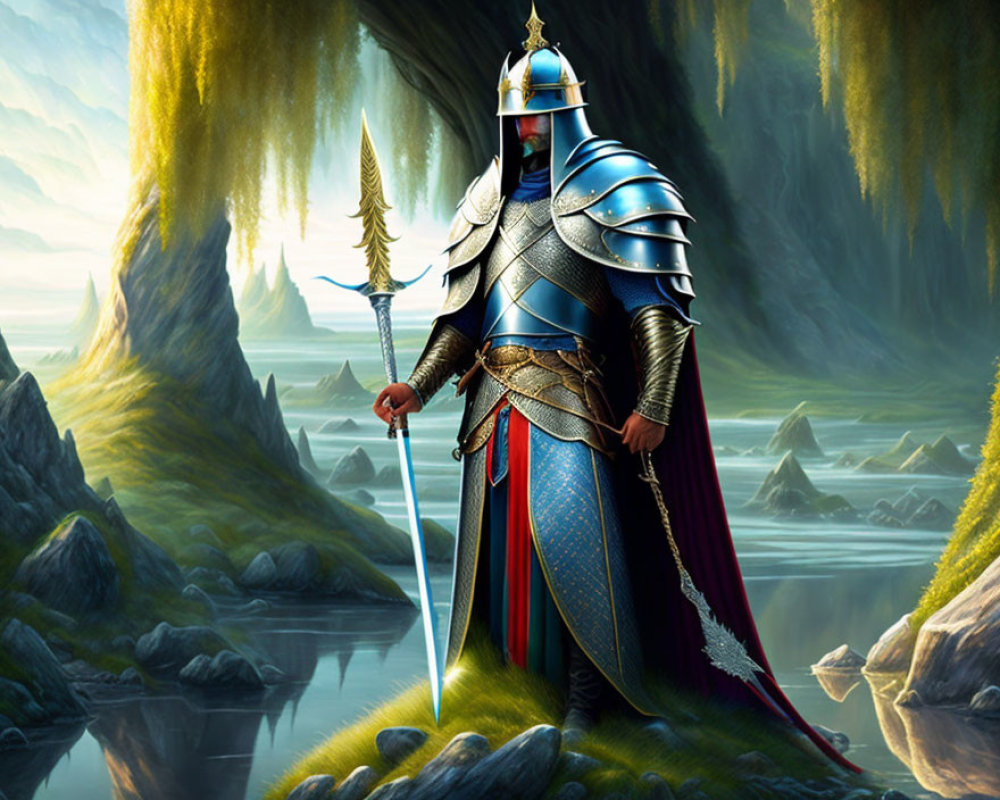 Armored knight with spear and sword in serene lake cavern.