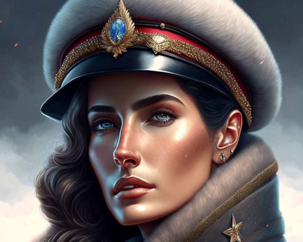 Detailed digital portrait of woman in military uniform with decorated hat against dramatic sky.