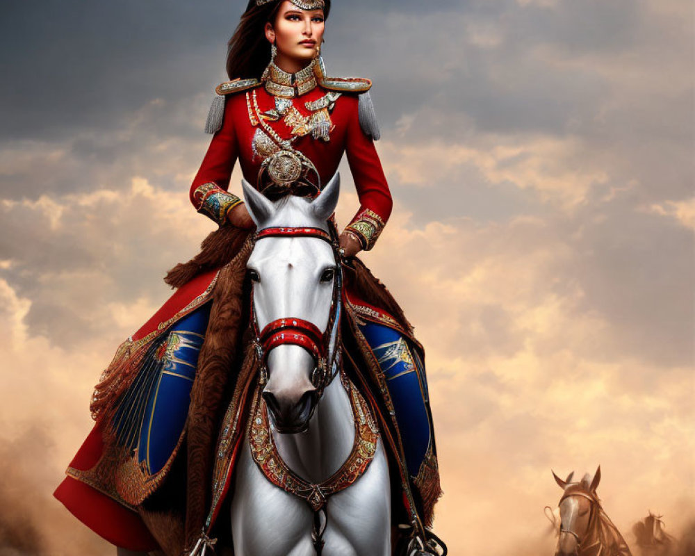 Regal woman in historical military attire riding white horse under dramatic sky