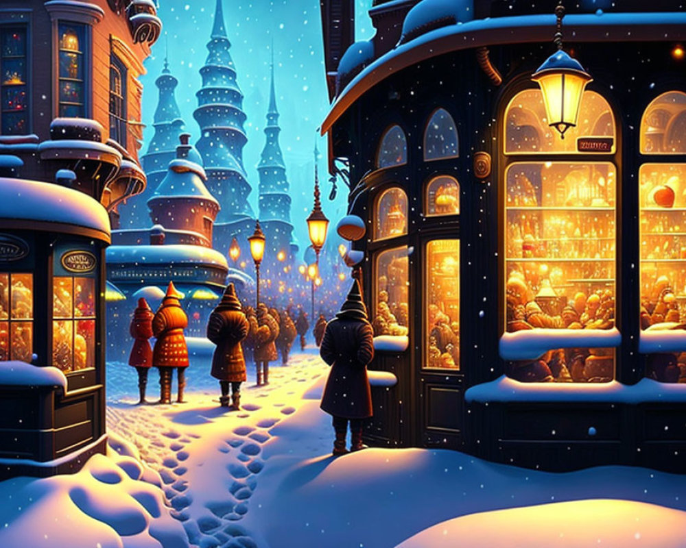 Winter Evening Scene: Snowy Streets, Cozy Shop Window, Vintage Lamps