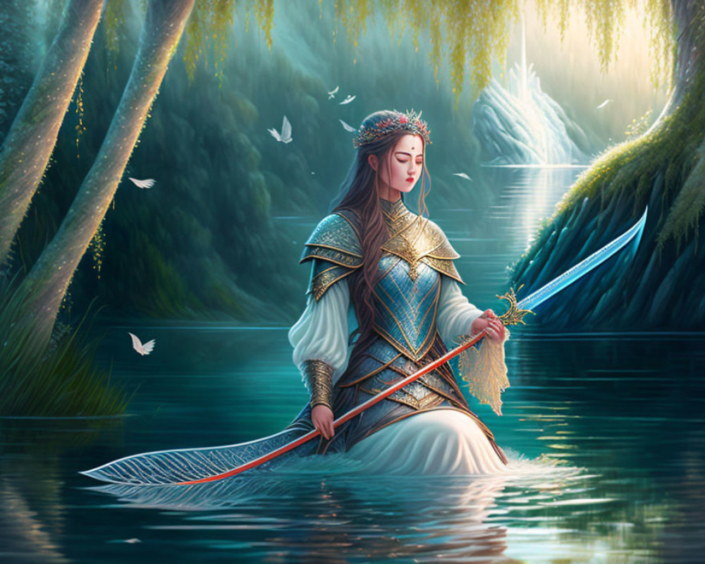 Serene warrior woman in ornate armor by mystical forest river