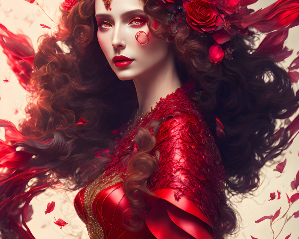 Woman with Curly Hair, Red Flowers, Leaves, Dress, and Petals