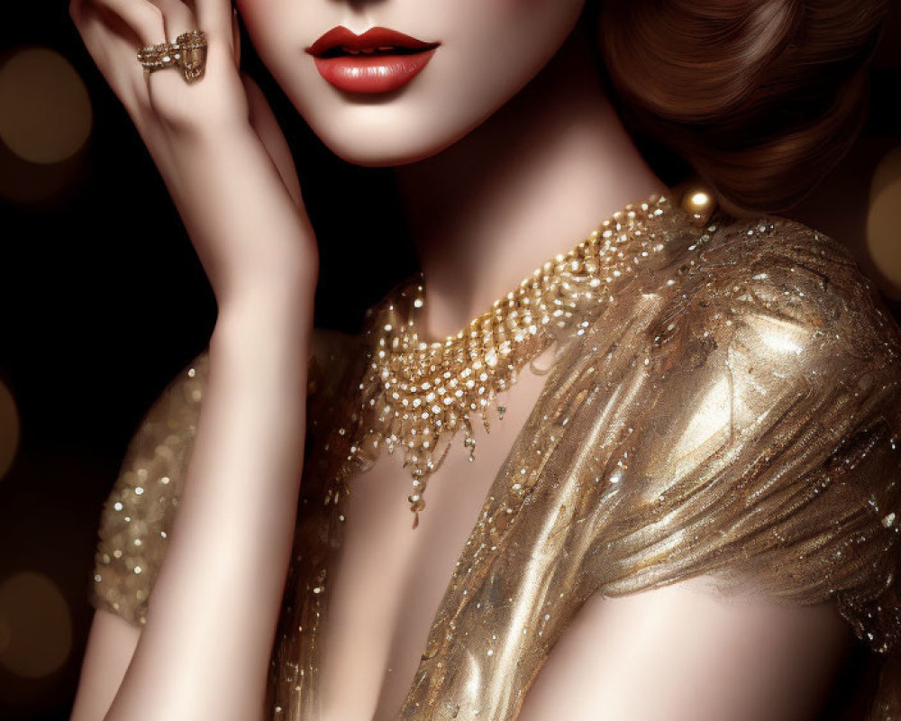 Stylish woman in glam makeup and gold jewelry on bokeh light backdrop