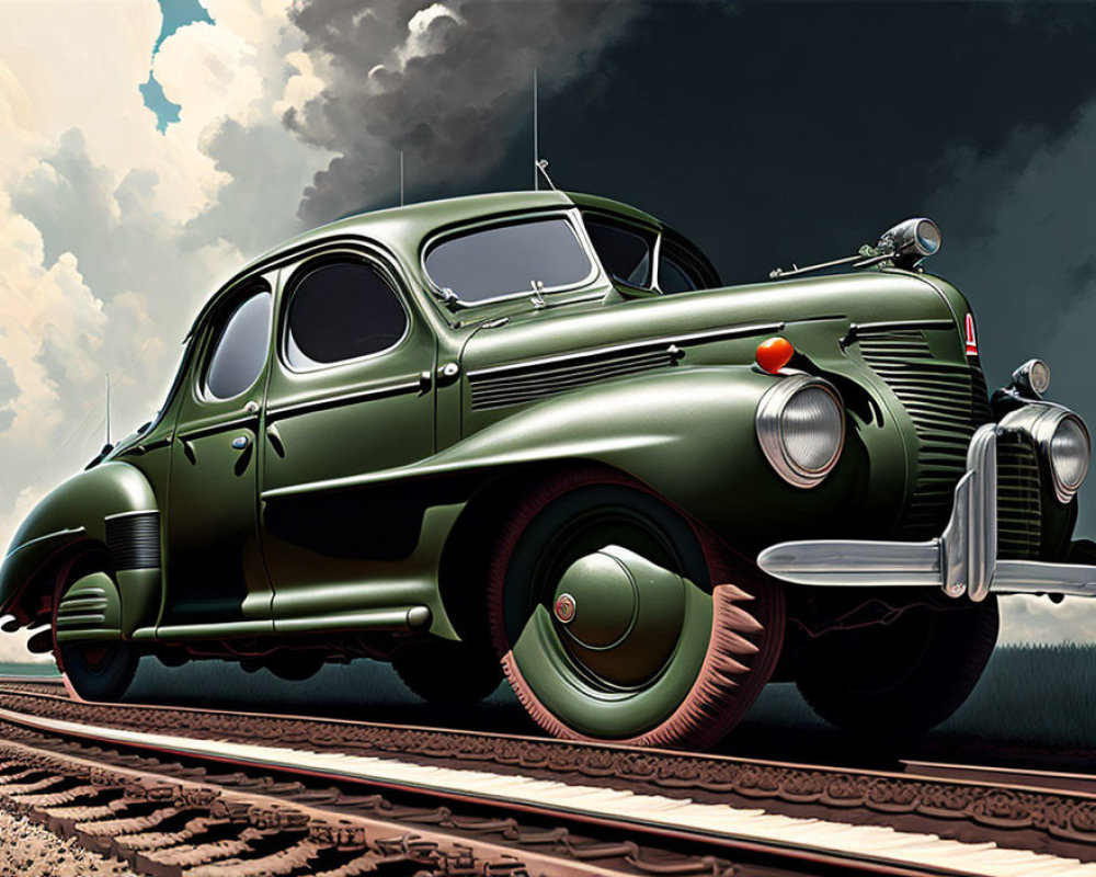 Vintage Green Car on Train Tracks under Cloudy Sky