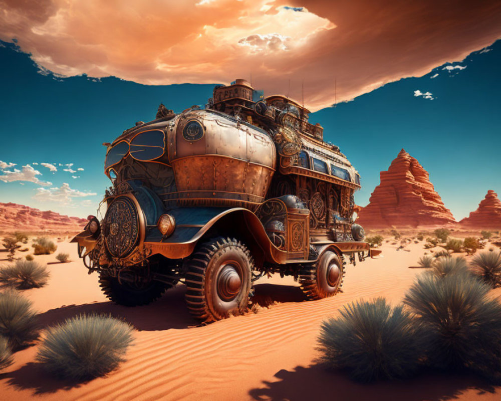 Steam-powered vehicle crossing red desert with dramatic sky