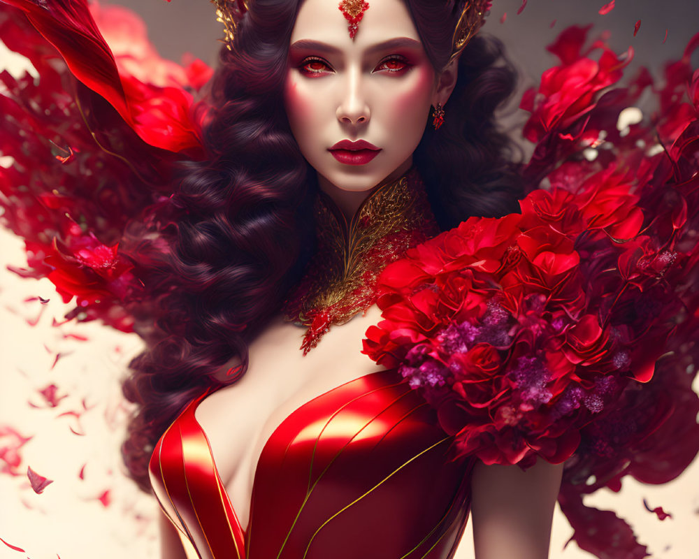 Woman in Red Gown with Gold Crown Surrounded by Red Flowers