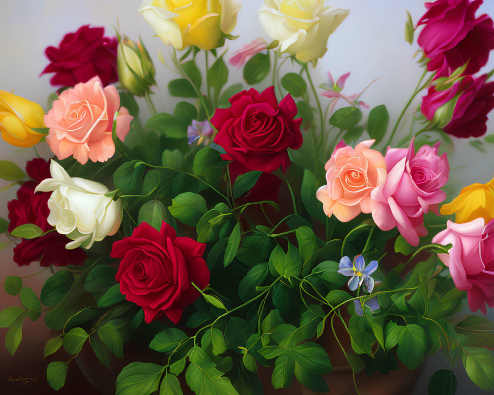 Colorful digitally painted rose bouquet with yellow, pink, red, white petals.