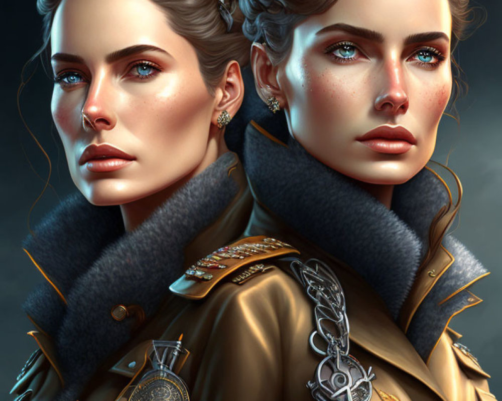 Two women in military uniforms with badges and medals, featuring detailed hair and makeup.