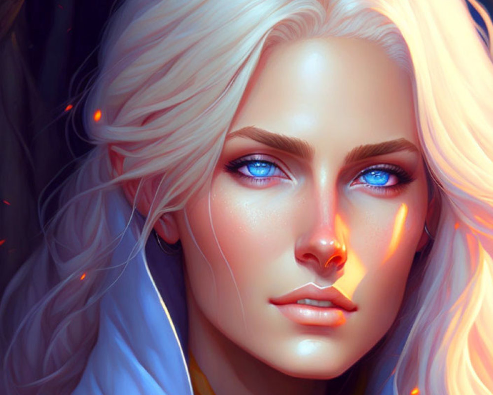 Digital artwork: Pale-skinned woman with blue eyes and platinum blonde hair under warm lights