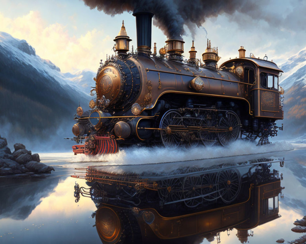 Vintage Steam Locomotive with Golden Details Travels on Tracks Near Serene Water and Mountains