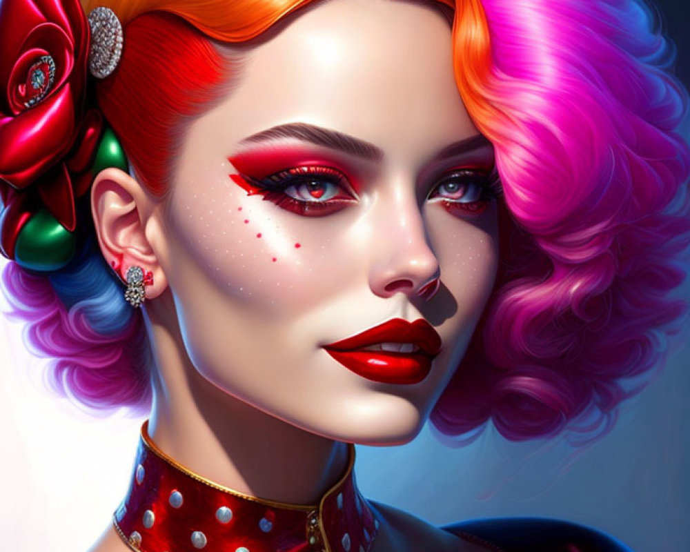 Stylized digital portrait of a woman with red to purple ombre hair, red makeup,