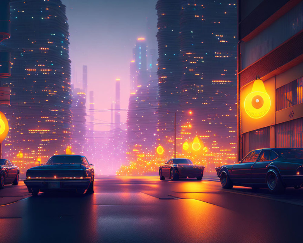 Futuristic cityscape at dusk with classic cars and eye symbol billboards