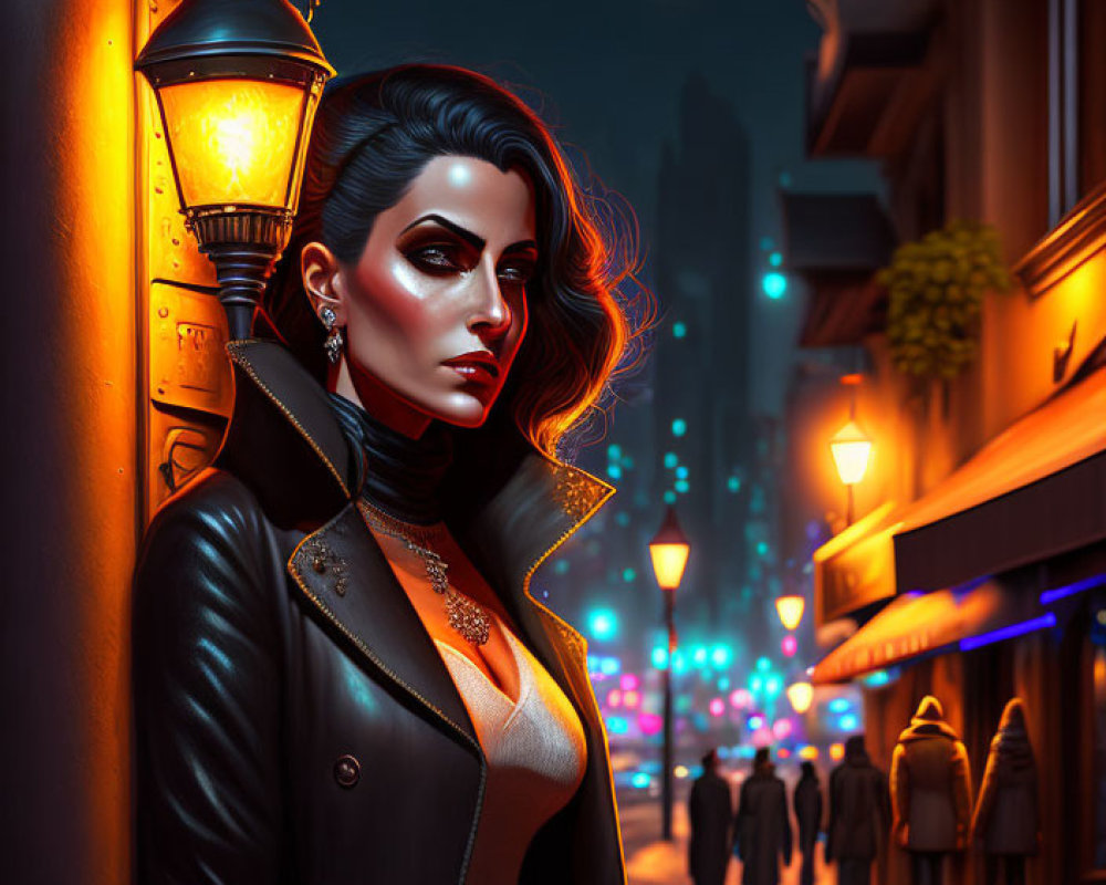 Fashionable woman in leather jacket under streetlamp at night in cityscape