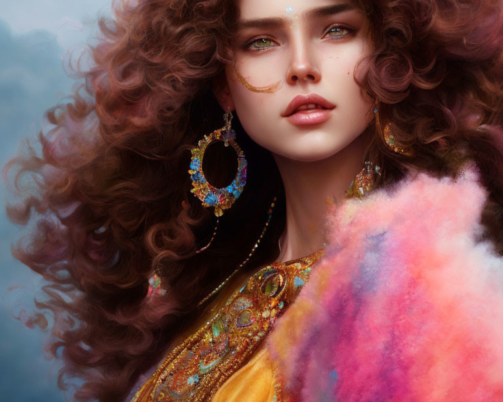 Portrait of Woman with Curly Hair and Colorful Jewelry Holding Fluffy Object