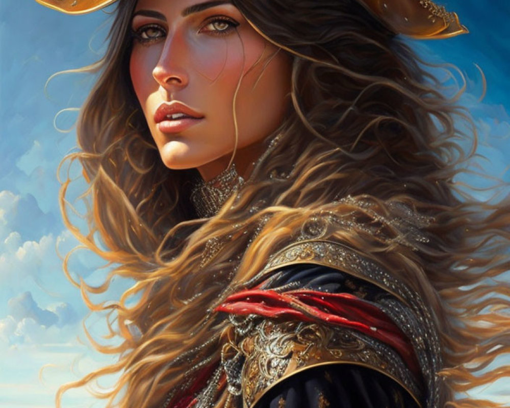 Detailed digital portrait of a woman in tricorn hat and ornate coat against blue sky