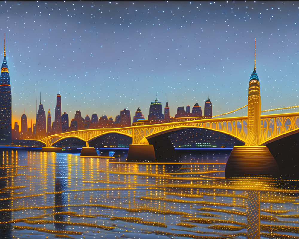 Night cityscape with illuminated bridge and skyline reflected in water