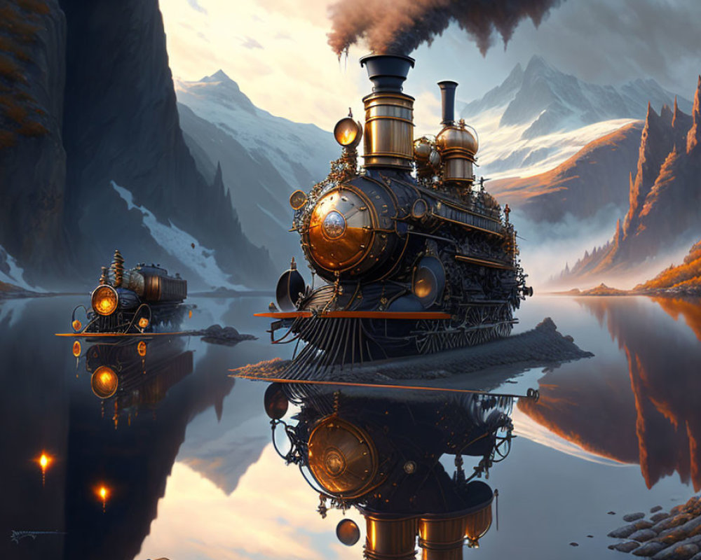 Ornate steampunk train on calm waters at sunset