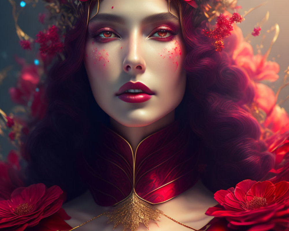 Regal woman with red floral adornments and gold leaf necklace in mystical crimson glow