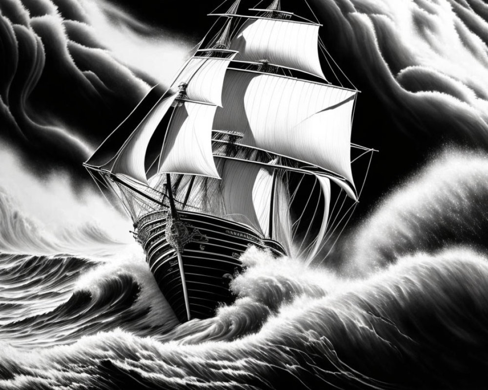 Monochromatic sailing ship on tumultuous ocean waves