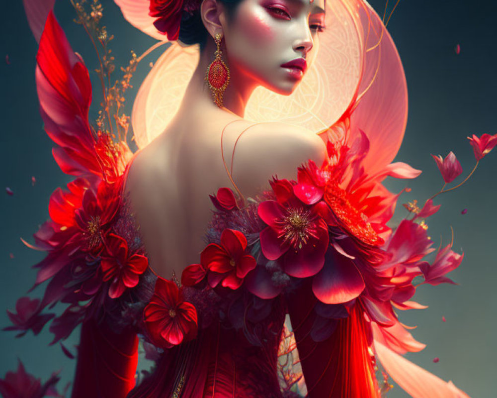 Digital Artwork: Woman with Red Flowers and Feathers on Dark Background