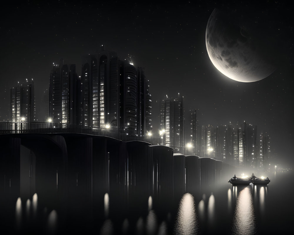 Monochromatic nighttime cityscape with illuminated skyscrapers, crescent moon, bridge, and boats