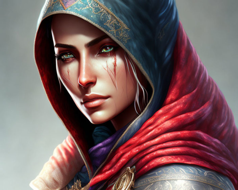 Digital art portrait: Woman with scar under eye, ornate hood, and armor, emitting strong aura