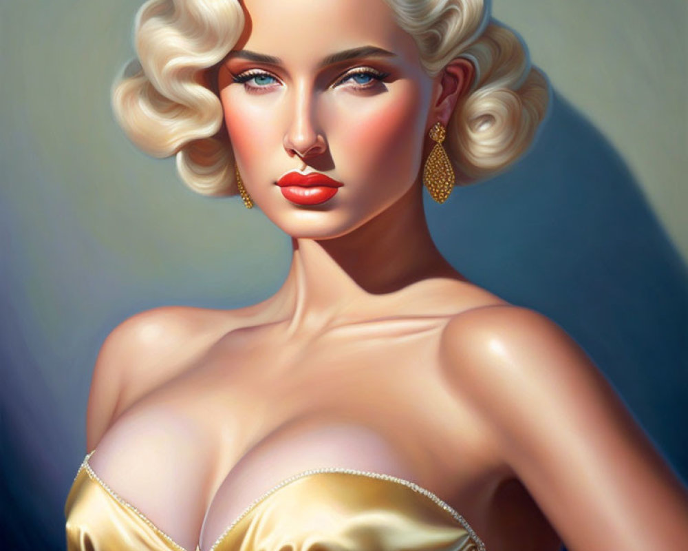 Blonde woman in retro waves, gold earrings, satin dress with jeweled neckline