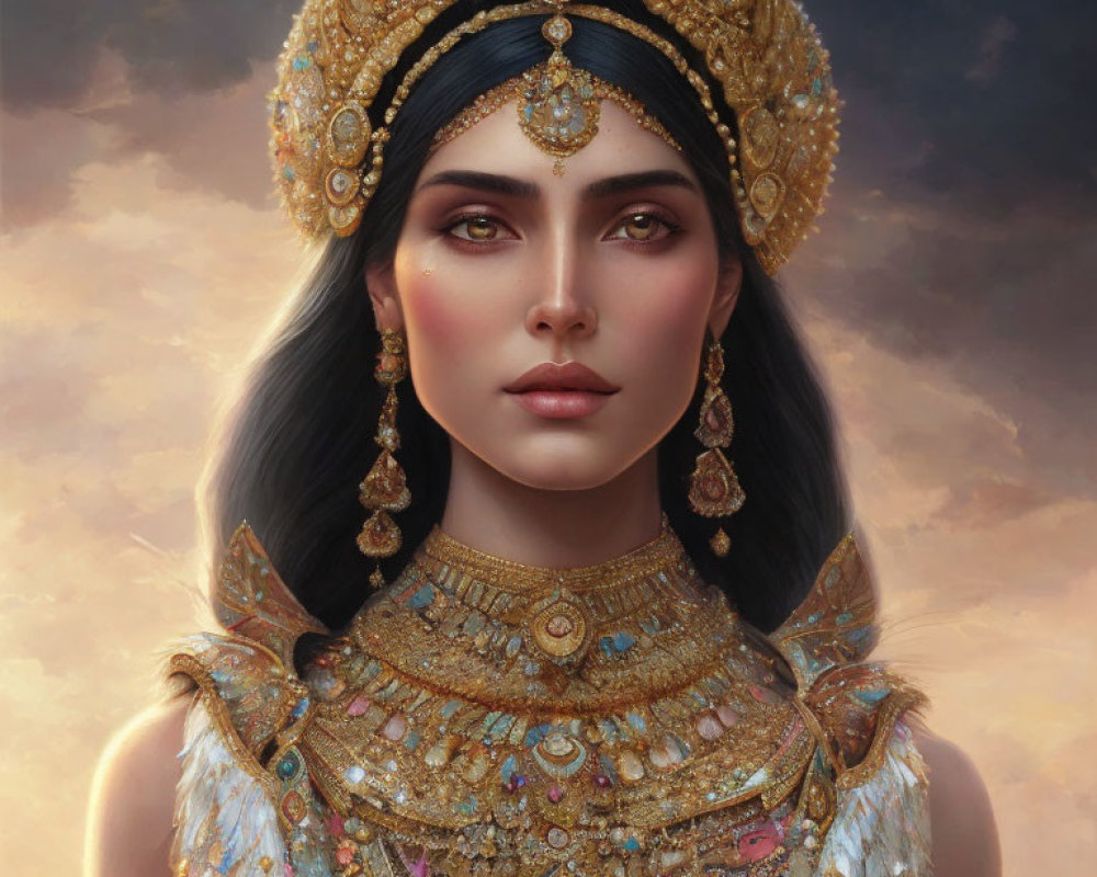 Portrait of woman in golden jewelry and headdress with regal expression on cloudy backdrop