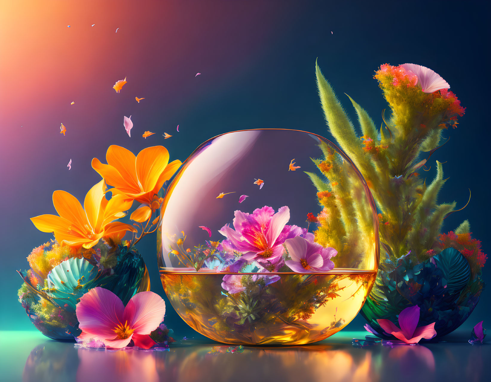 Colorful Floral Arrangement with Crystal Sphere and Butterflies