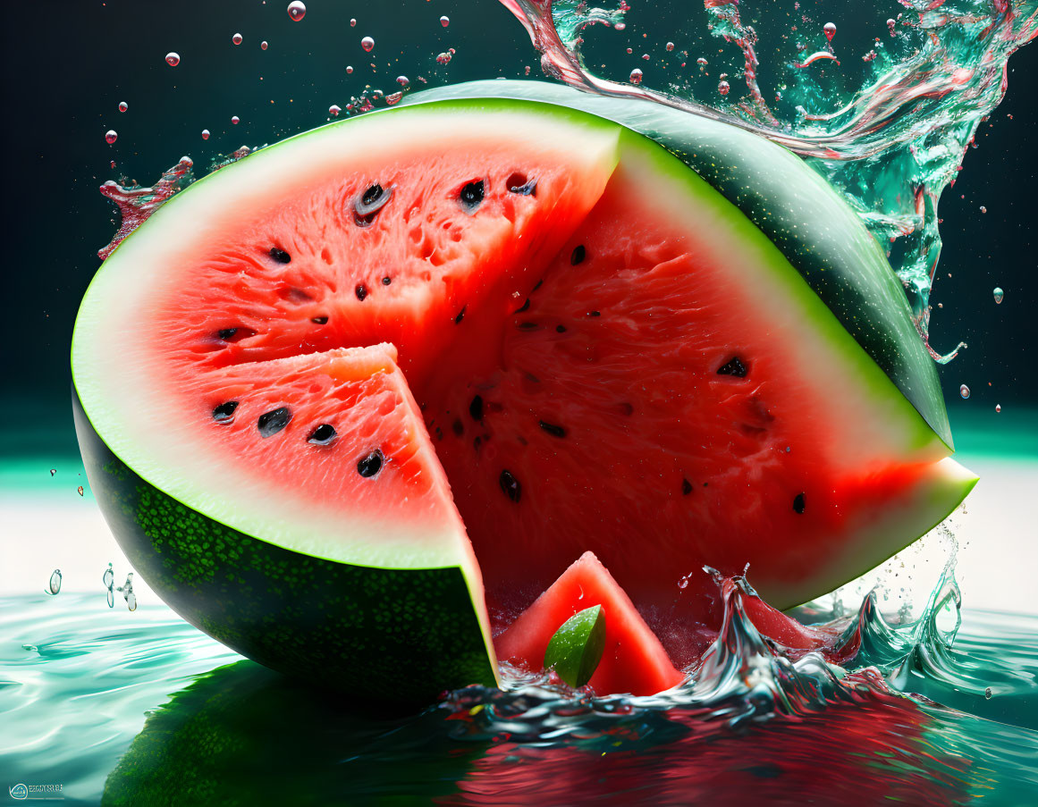 Sliced Watermelon with Splashing Water and Seeds