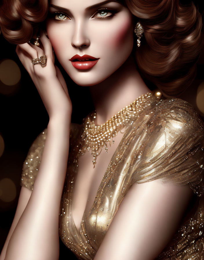 Stylish woman in glam makeup and gold jewelry on bokeh light backdrop