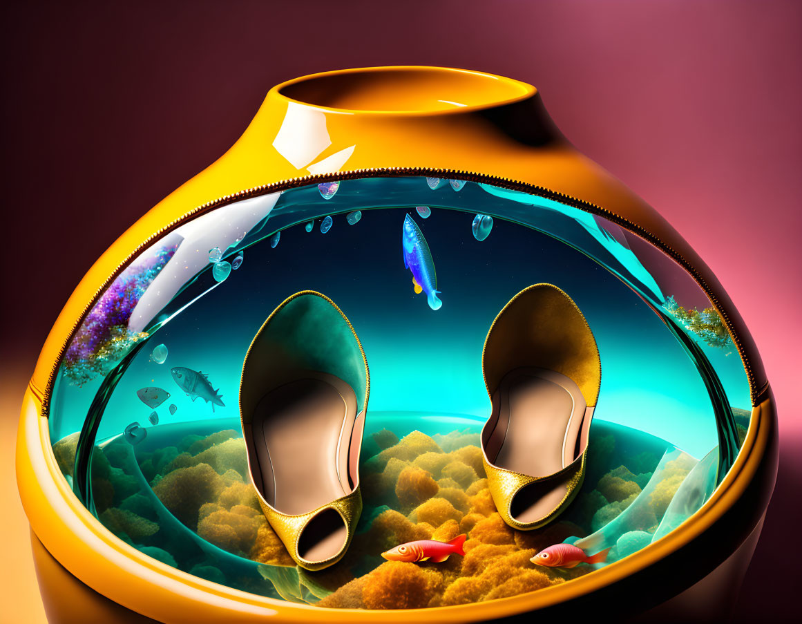 Surreal fishbowl with high-heeled shoes, fish, and coral in warm gradient