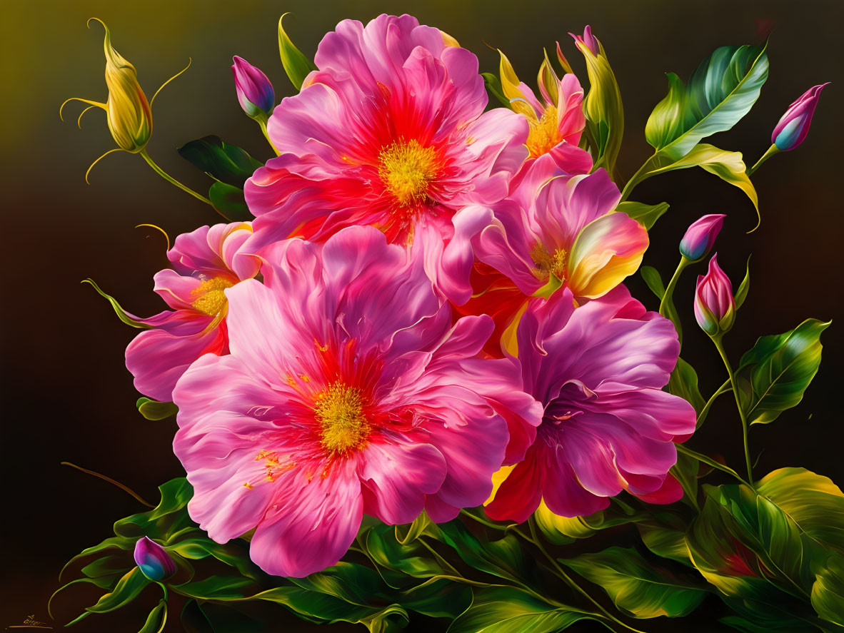 Beautiful Pink Peonies with Green Leaves on Dark Background